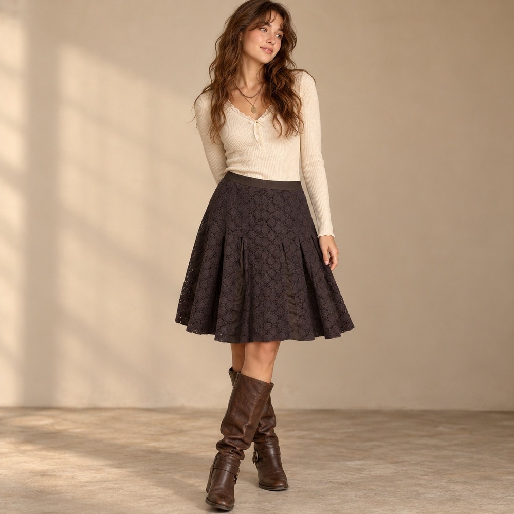 Ann Taylor LOFT Skirt Eyelet Lace Pleated A-Line Brown 4 Cottagecore Whimsigoth